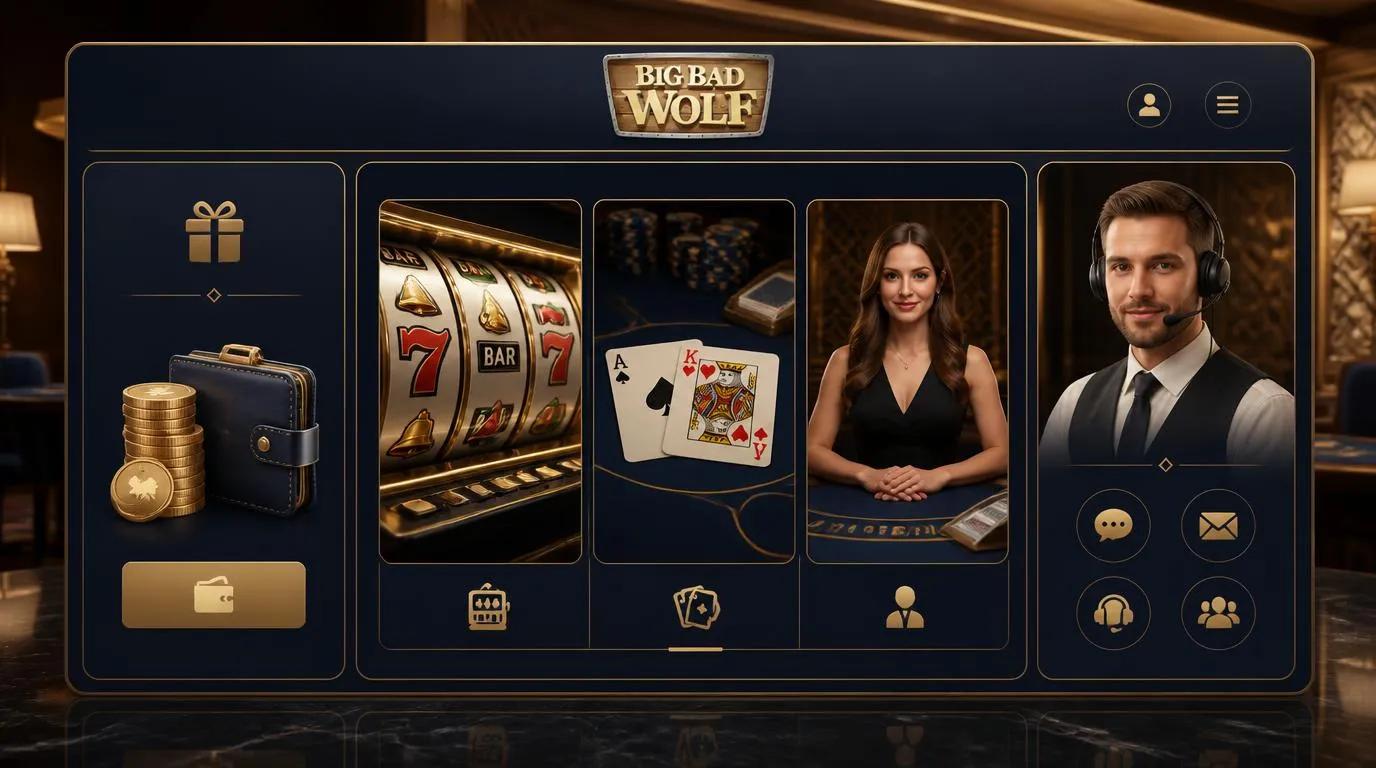 Casino-Oberfläche mit Bonusbereich, Slots, Tischspielen, Live-Dealer-Angebot und mehreren Supportsymbolen