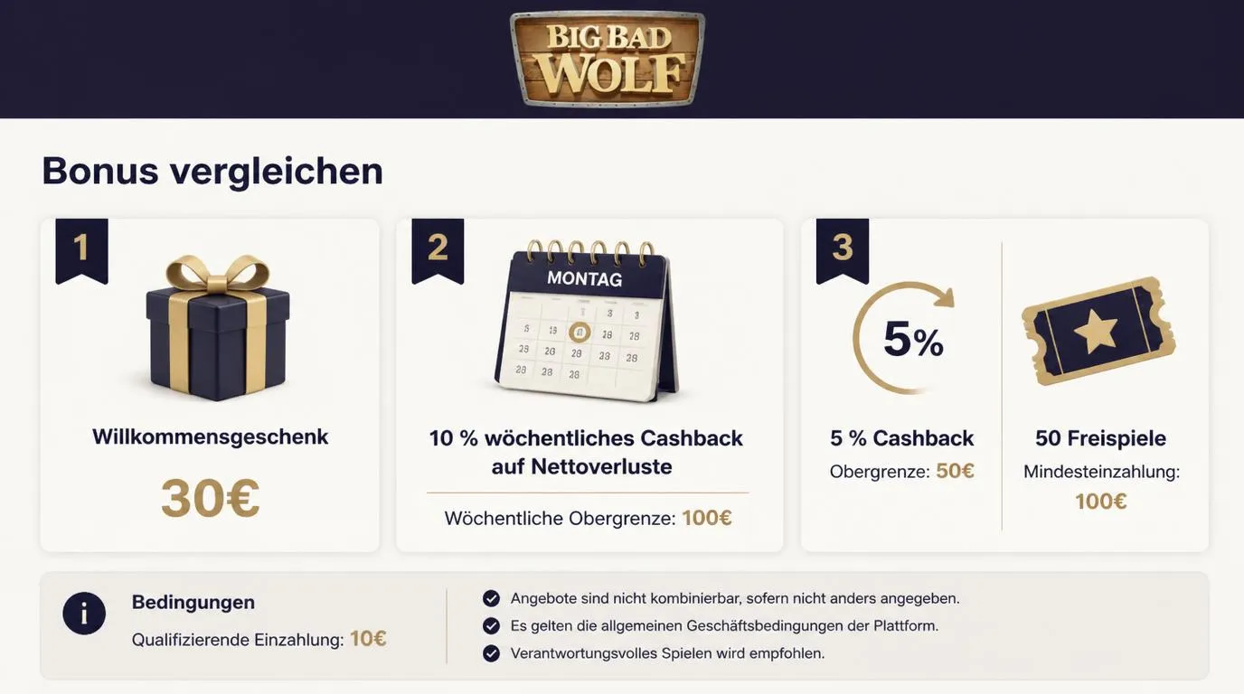 Bonusübersicht mit 30€ Willkommensangebot, wöchentlichem Cashback und 50 Freispielen