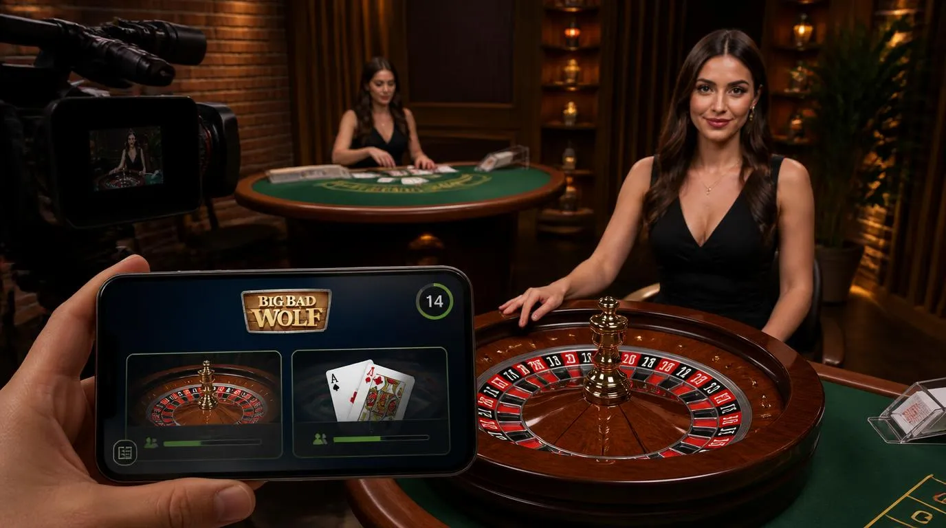 Live-Casino mit professioneller Dealerin, Roulettekessel und digitaler Tischübersicht auf einem Smartphone
