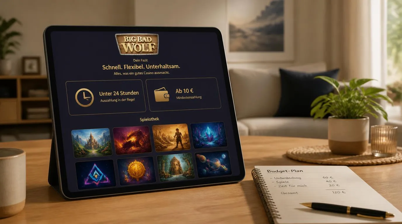 Tablet mit Casino-Spielauswahl, einer Auszahlungskarte unter 24 Stunden und einem Einzahlungsfeld ab 10 Euro