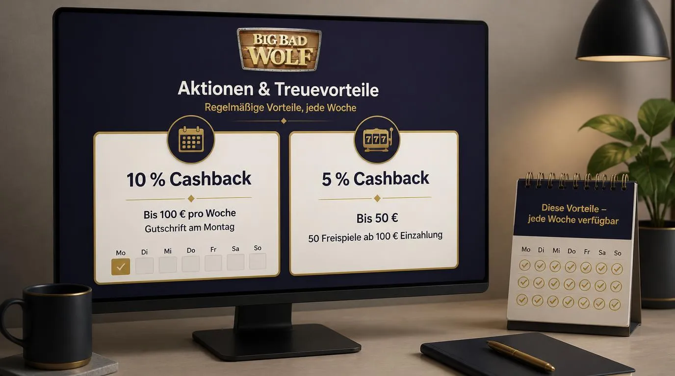 Casino-Aktionsübersicht mit zwei Cashback-Angeboten, Montagsgutschrift und 50 Freispielen