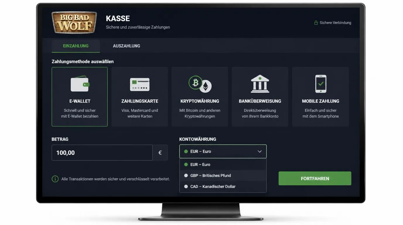 Kassenansicht mit Wallet, Karte, Kryptowährung und Banküberweisung sowie Feldern für Betrag und Kontowährung